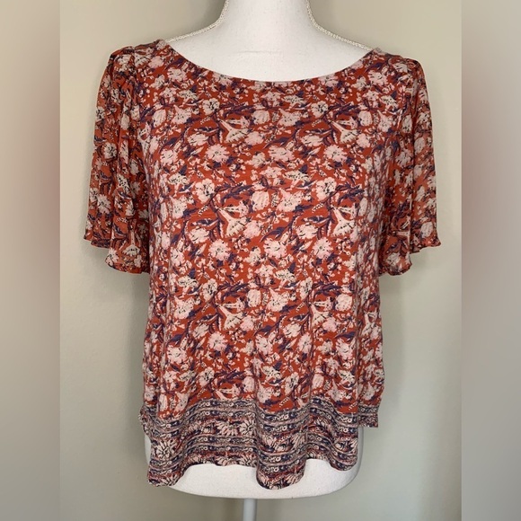 Lucky Brand Flutter Sleeve Floral Boho Feminine Summer Top Women Small - Picture 1 of 6